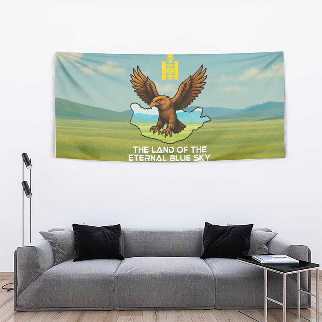 Mongolia Tapestry with Eagle Map Eternal Blue Sky Steppe Spirit