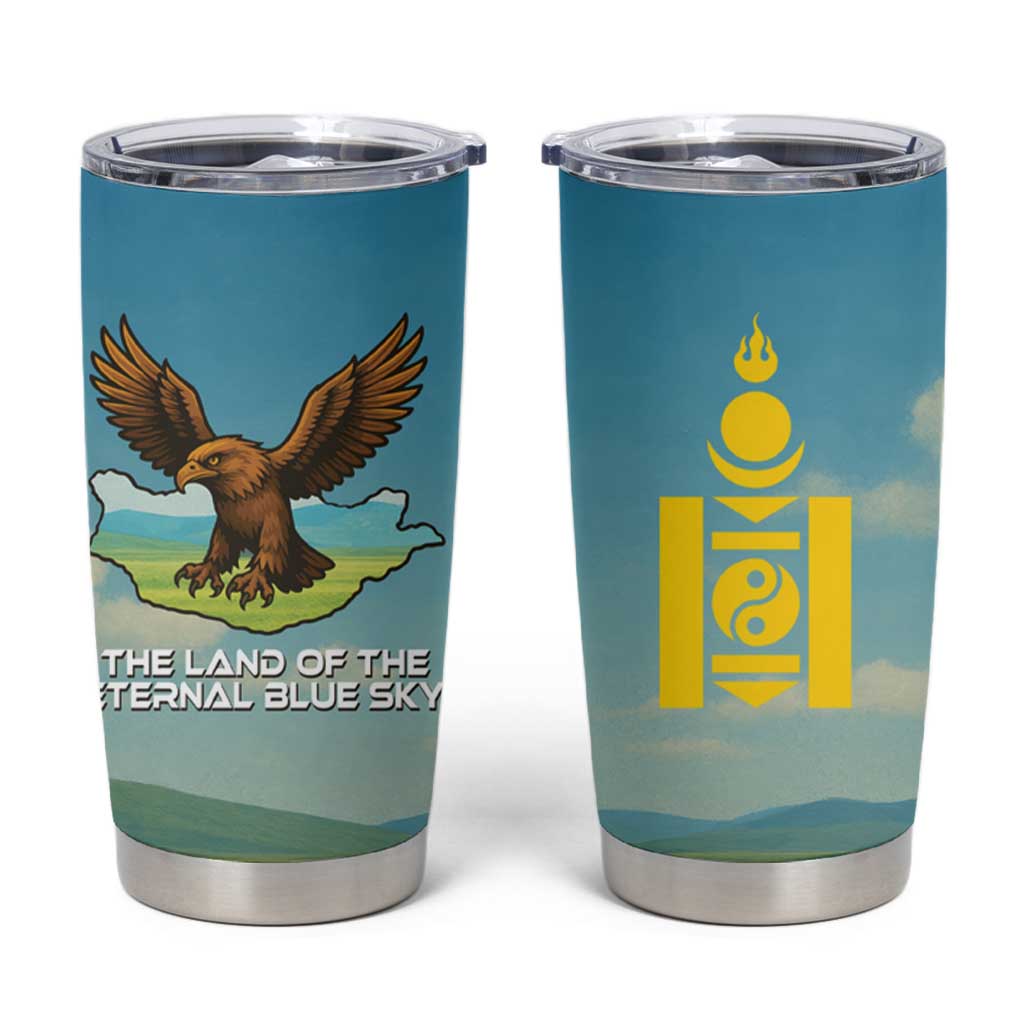 Mongolia Tumbler Cup with Eagle Map Eternal Blue Sky Steppe Spirit
