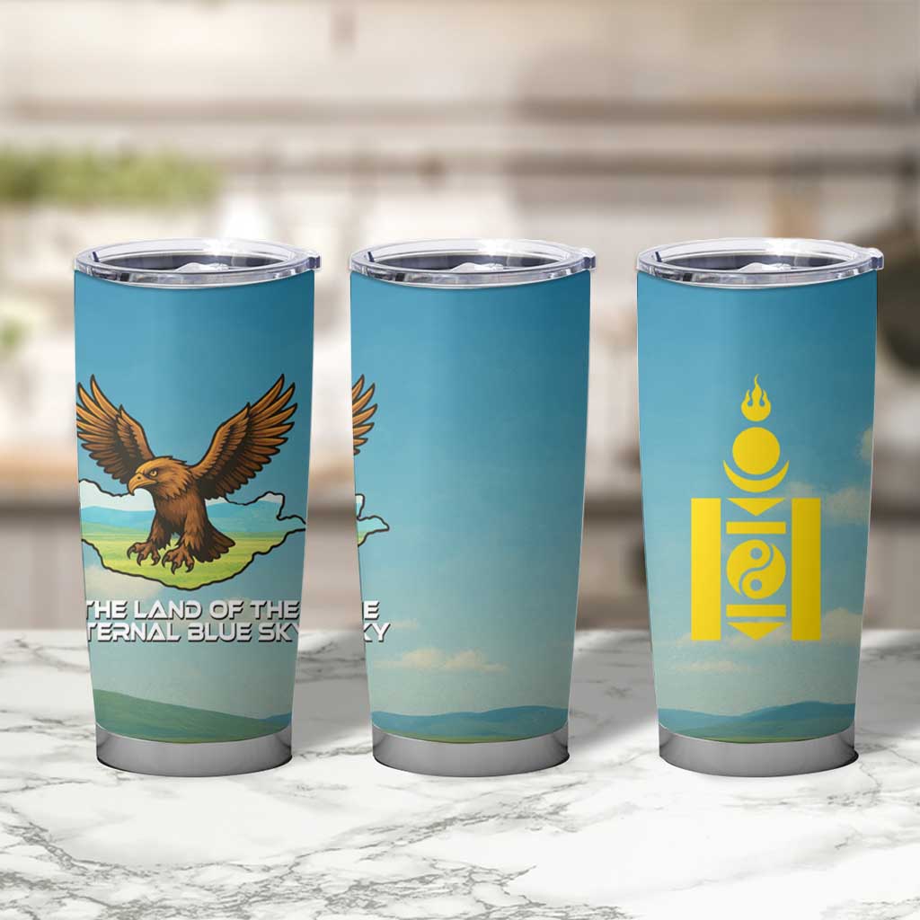 Mongolia Tumbler Cup with Eagle Map Eternal Blue Sky Steppe Spirit