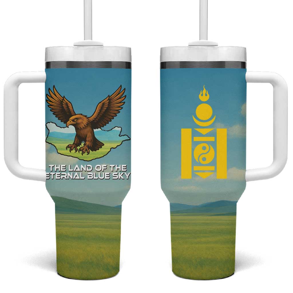 Mongolia Tumbler With Handle with Eagle Map Eternal Blue Sky Steppe Spirit