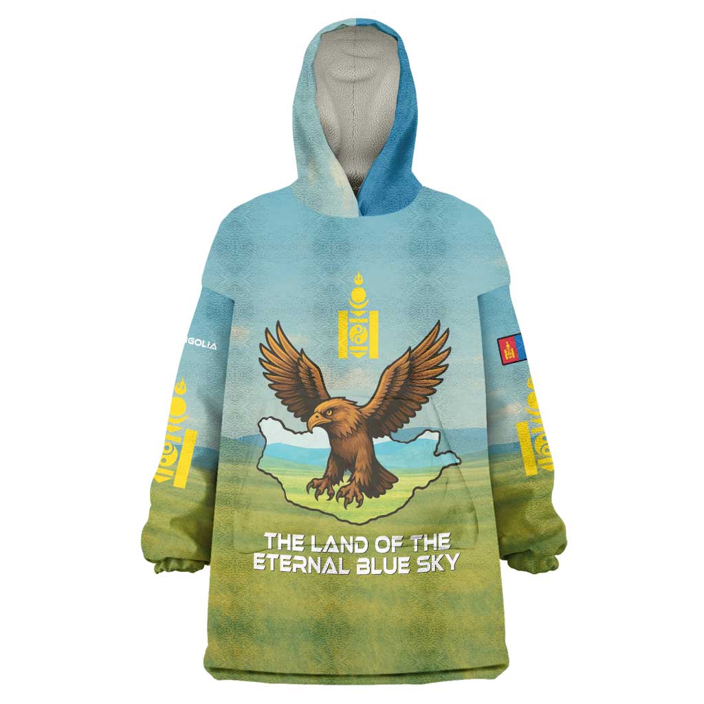 Mongolia Wearable Blanket Hoodie with Eagle Map Eternal Blue Sky Steppe Spirit