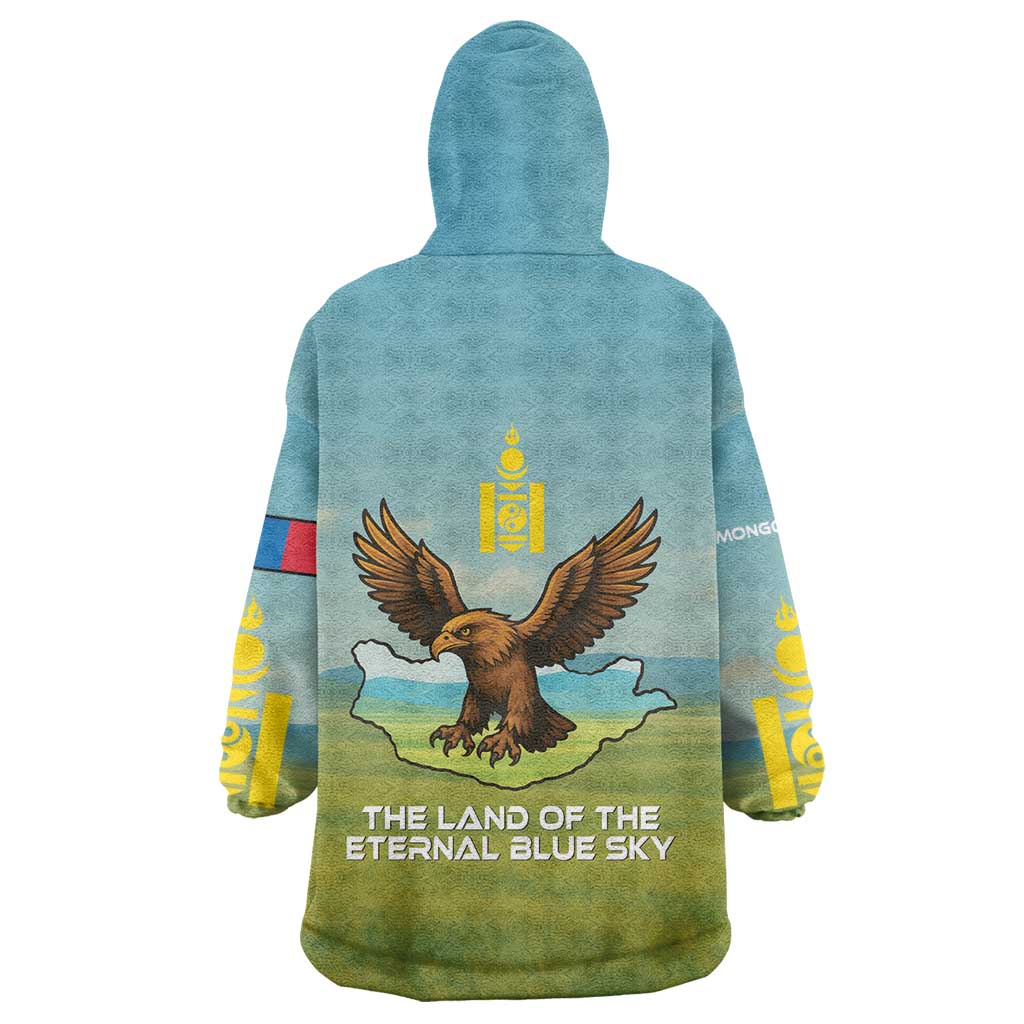 Mongolia Wearable Blanket Hoodie with Eagle Map Eternal Blue Sky Steppe Spirit