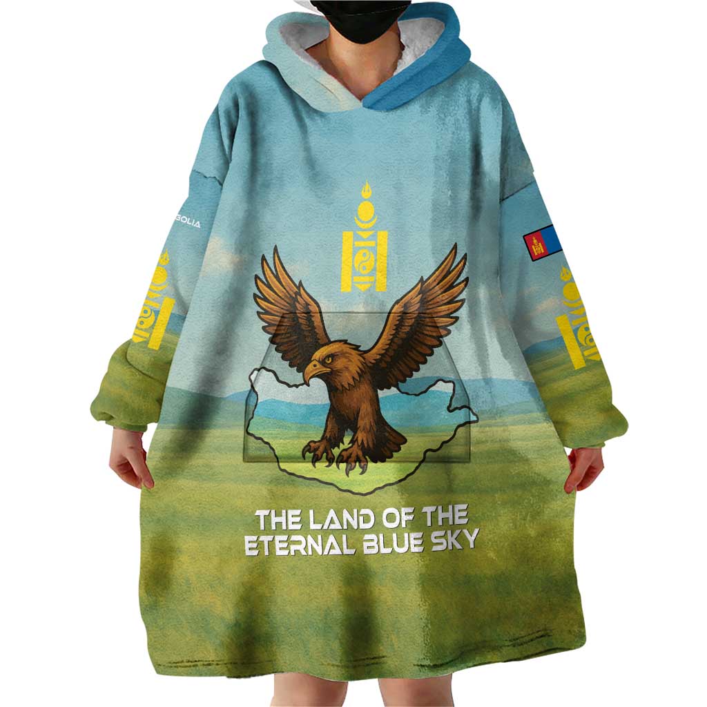 Mongolia Wearable Blanket Hoodie with Eagle Map Eternal Blue Sky Steppe Spirit