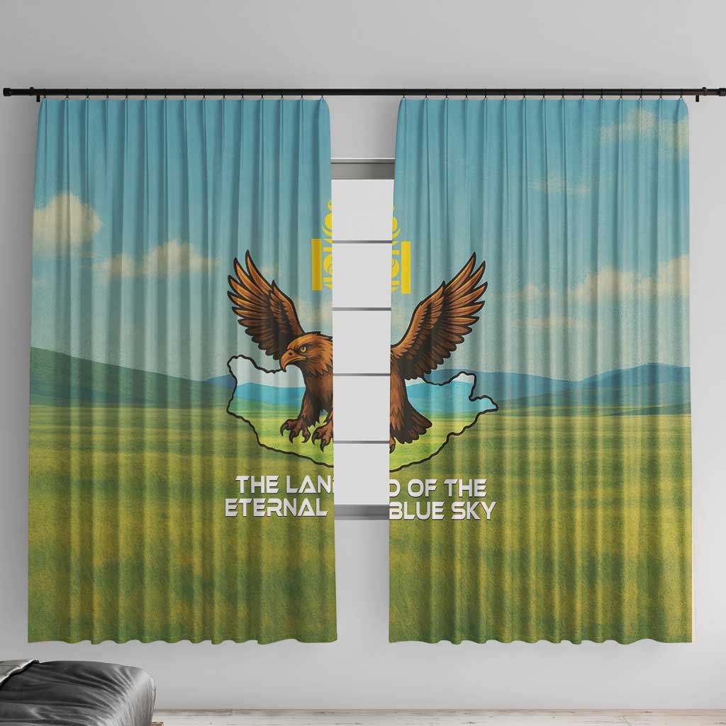 Mongolia Window Curtain with Eagle Map Eternal Blue Sky Steppe Spirit