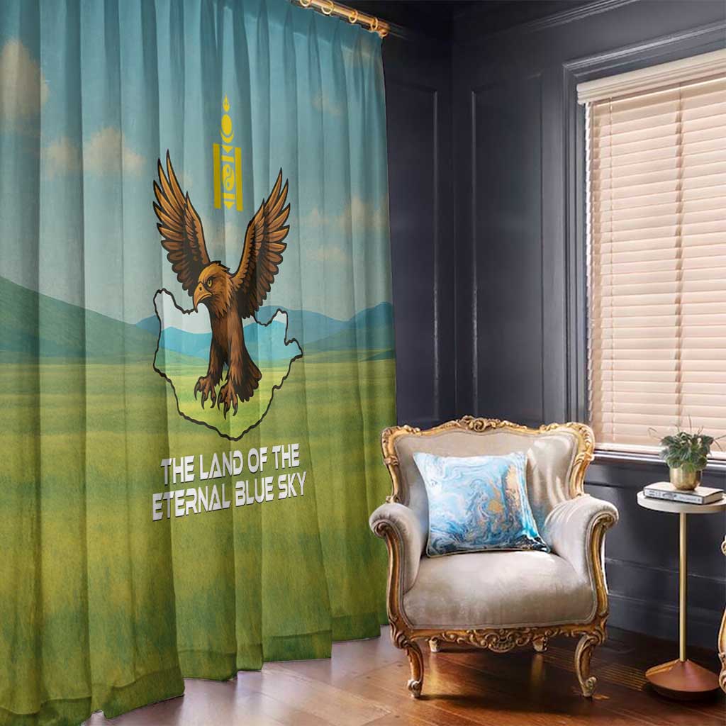 Mongolia Window Curtain with Eagle Map Eternal Blue Sky Steppe Spirit