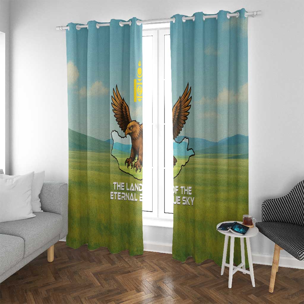 Mongolia Window Curtain with Eagle Map Eternal Blue Sky Steppe Spirit