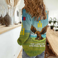 Mongolia Women Casual Shirt with Eagle Map Eternal Blue Sky Steppe Spirit