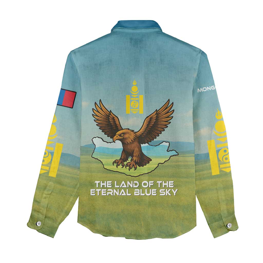 Mongolia Women Casual Shirt with Eagle Map Eternal Blue Sky Steppe Spirit