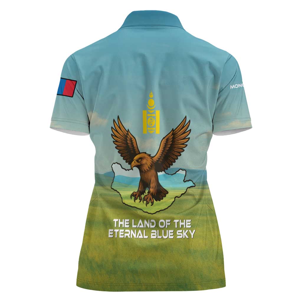Mongolia Women Polo Shirt with Eagle Map Eternal Blue Sky Steppe Spirit