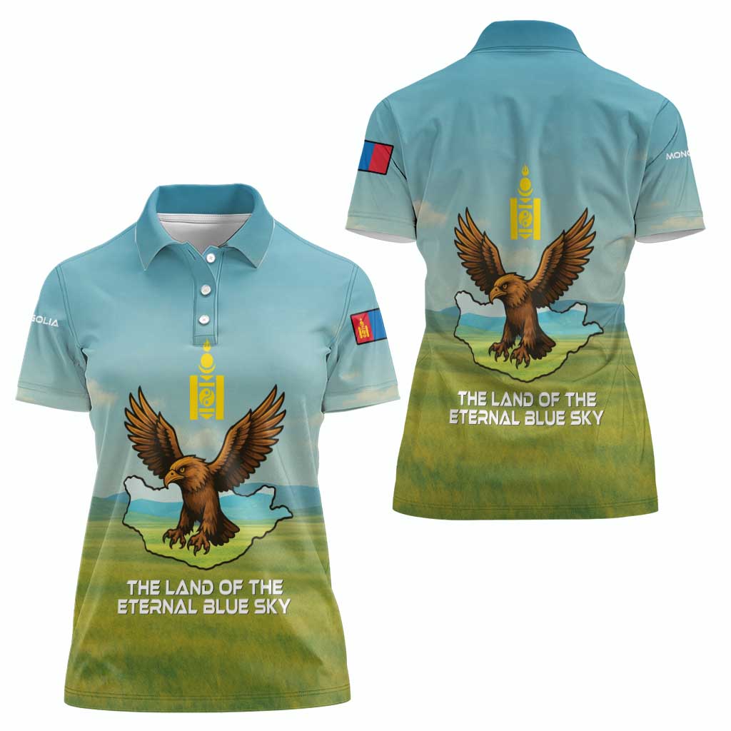 Mongolia Women Polo Shirt with Eagle Map Eternal Blue Sky Steppe Spirit