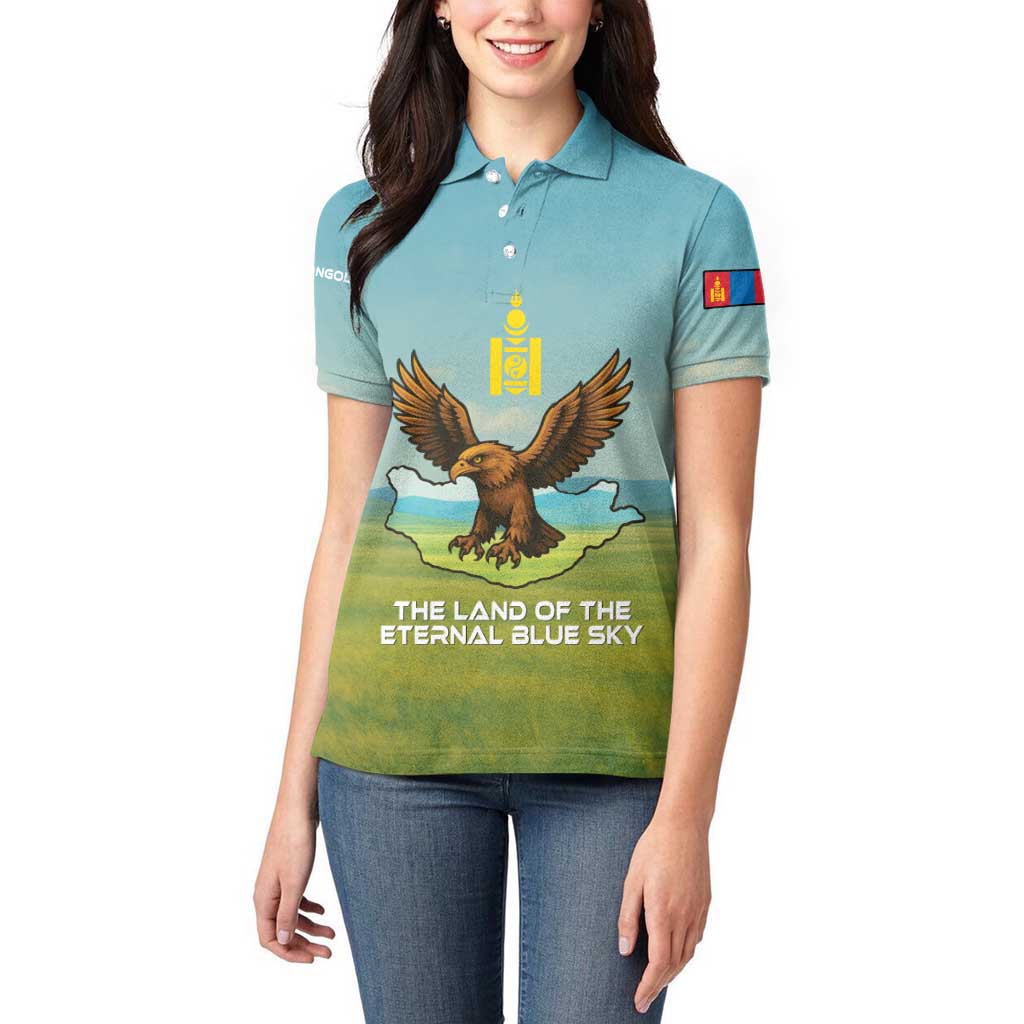 Mongolia Women Polo Shirt with Eagle Map Eternal Blue Sky Steppe Spirit