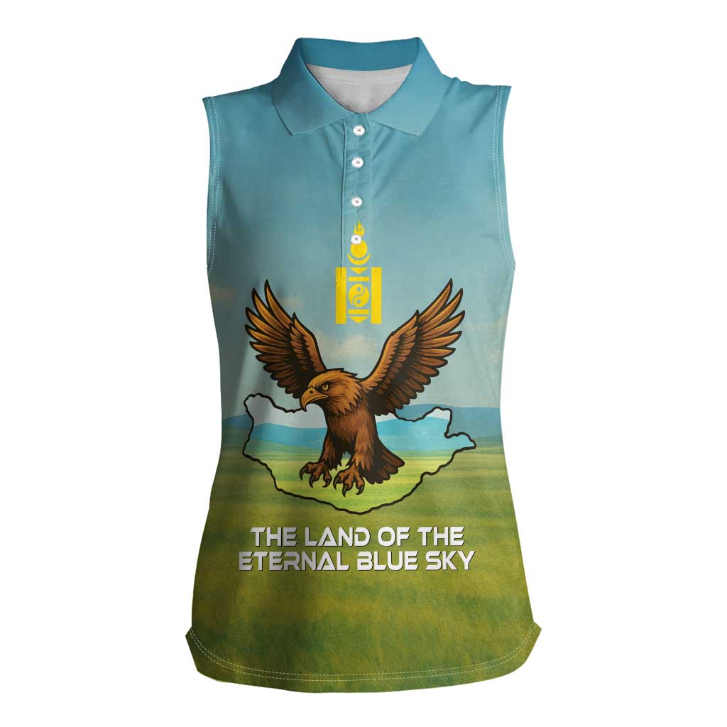 Mongolia Women Sleeveless Polo Shirt with Eagle Map Eternal Blue Sky Steppe Spirit