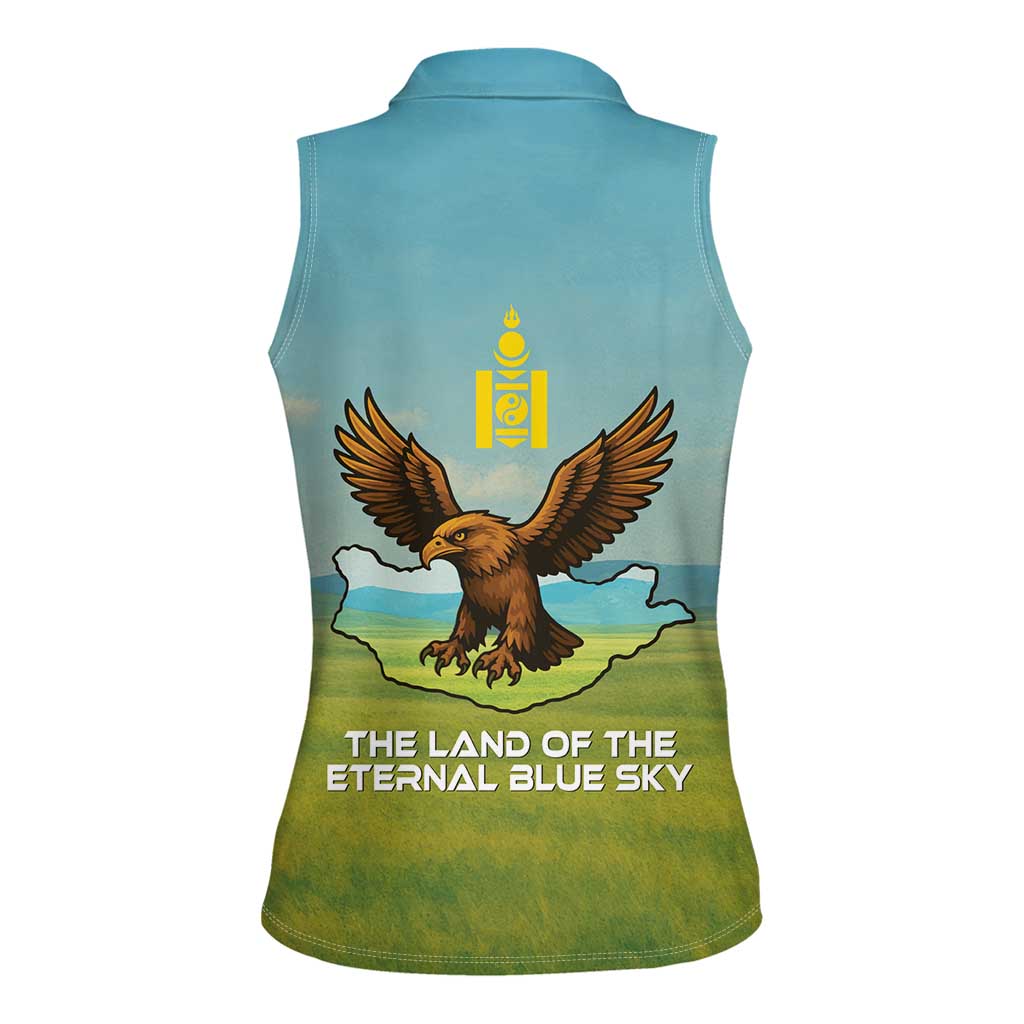 Mongolia Women Sleeveless Polo Shirt with Eagle Map Eternal Blue Sky Steppe Spirit