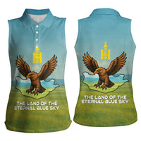 Mongolia Women Sleeveless Polo Shirt with Eagle Map Eternal Blue Sky Steppe Spirit