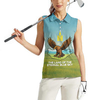 Mongolia Women Sleeveless Polo Shirt with Eagle Map Eternal Blue Sky Steppe Spirit