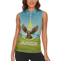 Mongolia Women Sleeveless Polo Shirt with Eagle Map Eternal Blue Sky Steppe Spirit