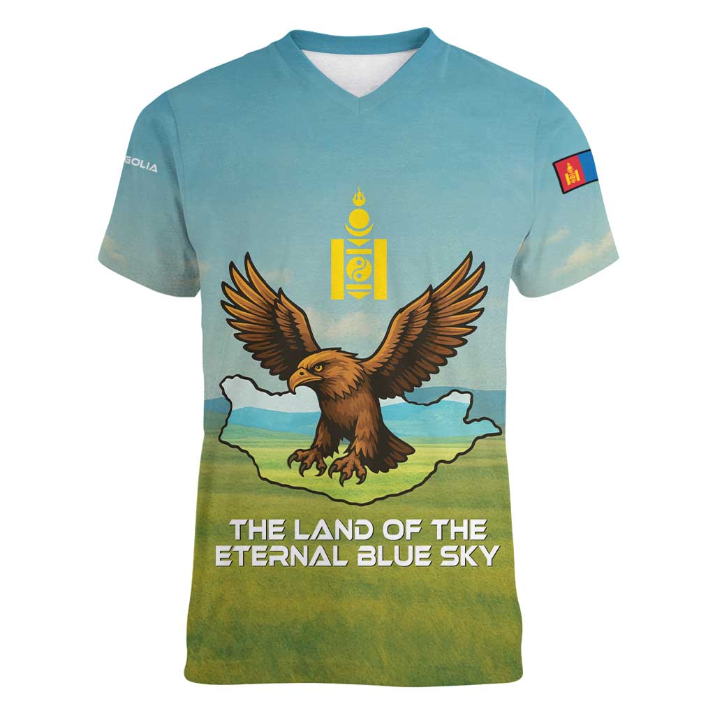 Mongolia Women V-Neck T-Shirt with Eagle Map Eternal Blue Sky Steppe Spirit