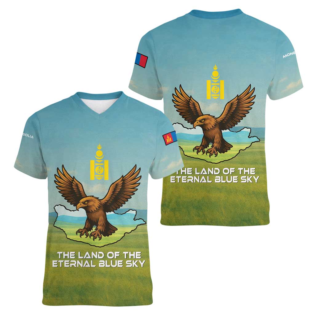 Mongolia Women V-Neck T-Shirt with Eagle Map Eternal Blue Sky Steppe Spirit