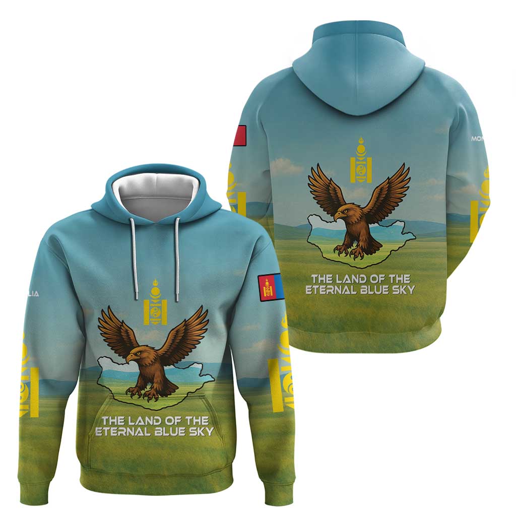 Mongolia Zip Hoodie with Eagle Map Eternal Blue Sky Steppe Spirit