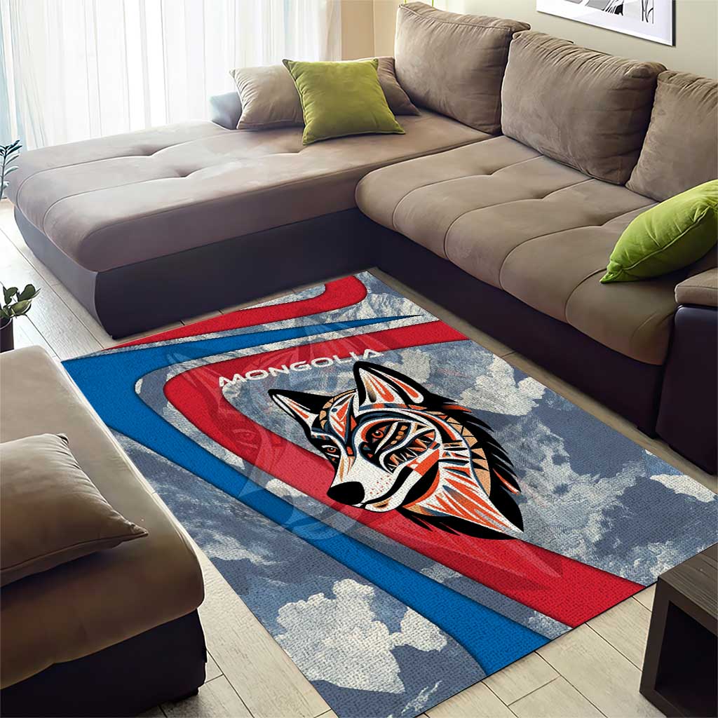 Mongolia Area Rug with Tribal Wolf Clouds Red Blue Flag Spirit