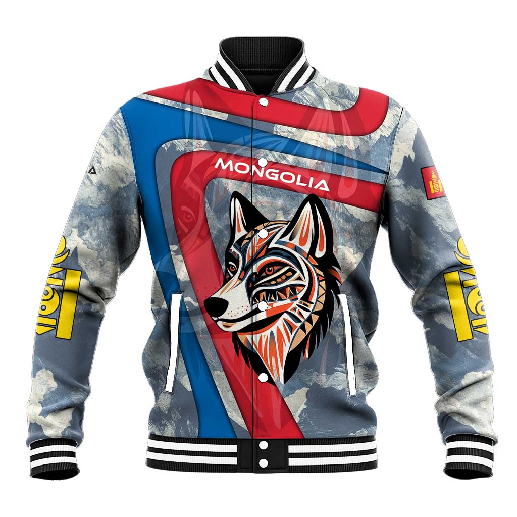 Mongolia Baseball Jacket with Tribal Wolf Clouds Red Blue Flag Spirit