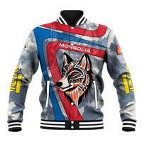Mongolia Baseball Jacket with Tribal Wolf Clouds Red Blue Flag Spirit