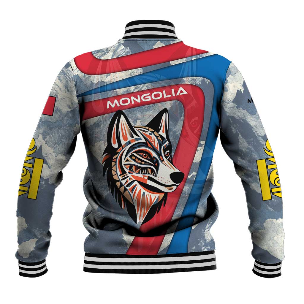 Mongolia Baseball Jacket with Tribal Wolf Clouds Red Blue Flag Spirit