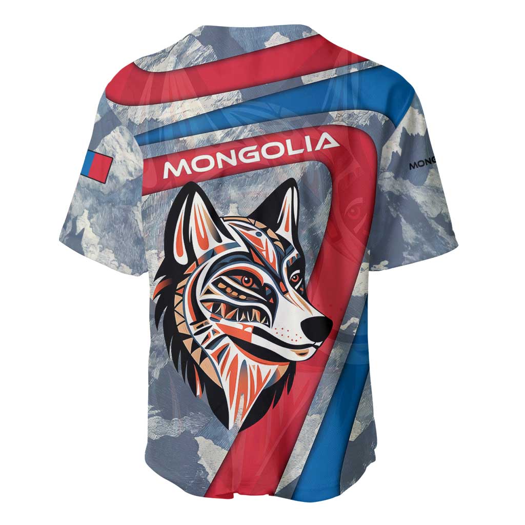 Mongolia Baseball Jersey with Tribal Wolf Clouds Red Blue Flag Spirit