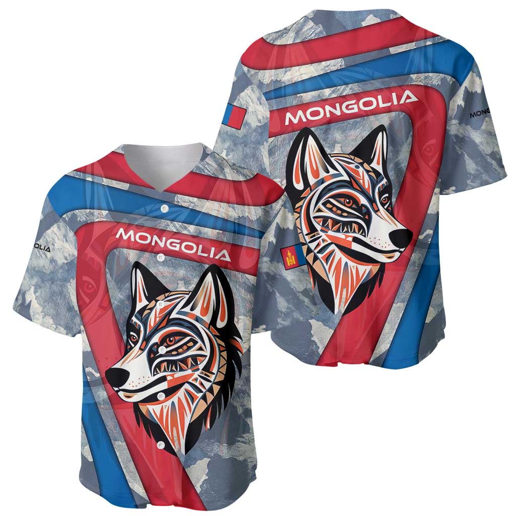 Mongolia Baseball Jersey with Tribal Wolf Clouds Red Blue Flag Spirit