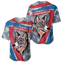 Mongolia Baseball Jersey with Tribal Wolf Clouds Red Blue Flag Spirit