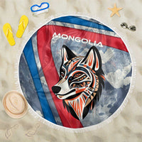 Mongolia Beach Blanket with Tribal Wolf Clouds Red Blue Flag Spirit