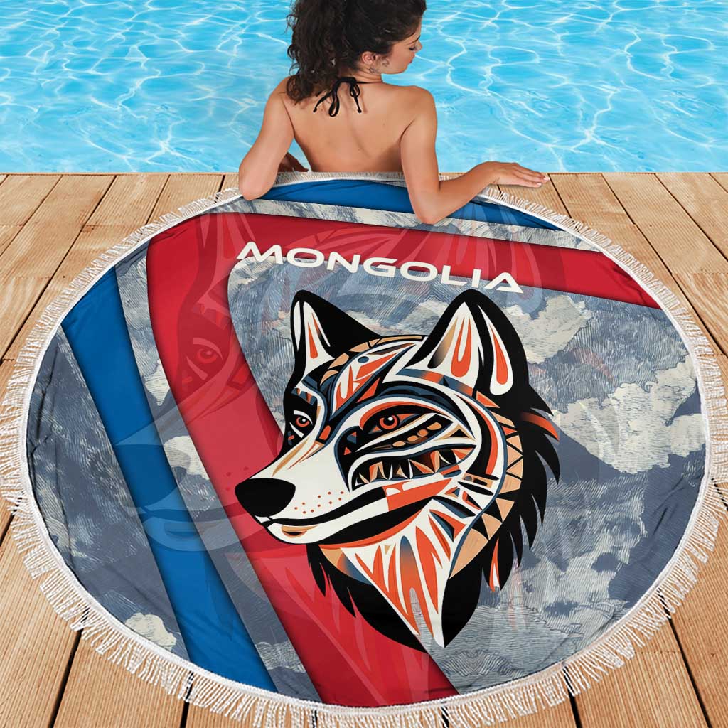 Mongolia Beach Blanket with Tribal Wolf Clouds Red Blue Flag Spirit