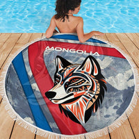Mongolia Beach Blanket with Tribal Wolf Clouds Red Blue Flag Spirit