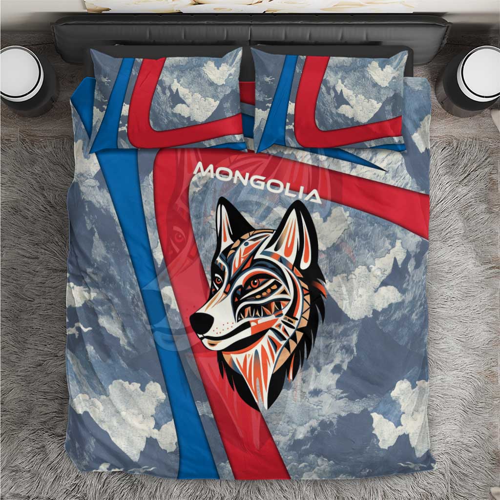 Mongolia Bedding Set with Tribal Wolf Clouds Red Blue Flag Spirit