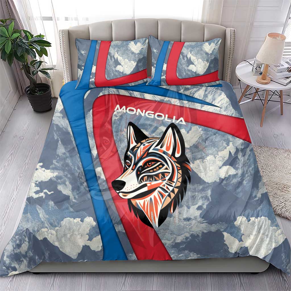 Mongolia Bedding Set with Tribal Wolf Clouds Red Blue Flag Spirit