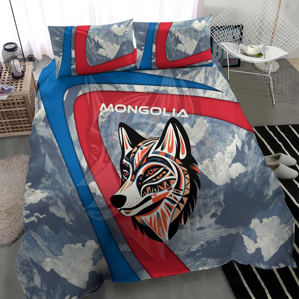 Mongolia Bedding Set with Tribal Wolf Clouds Red Blue Flag Spirit