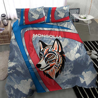 Mongolia Bedding Set with Tribal Wolf Clouds Red Blue Flag Spirit