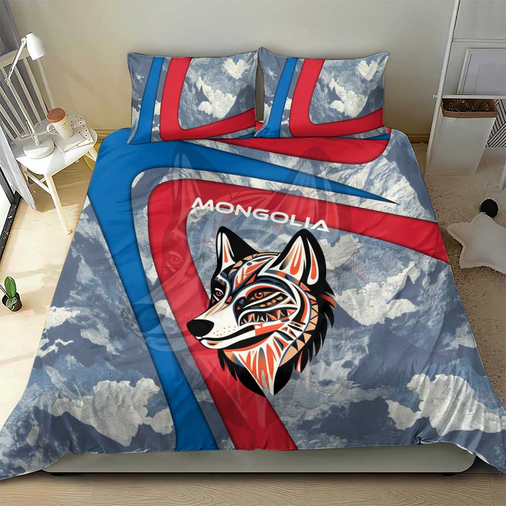 Mongolia Bedding Set with Tribal Wolf Clouds Red Blue Flag Spirit