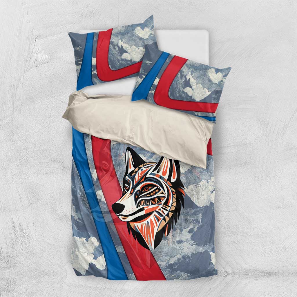 Mongolia Bedding Set with Tribal Wolf Clouds Red Blue Flag Spirit