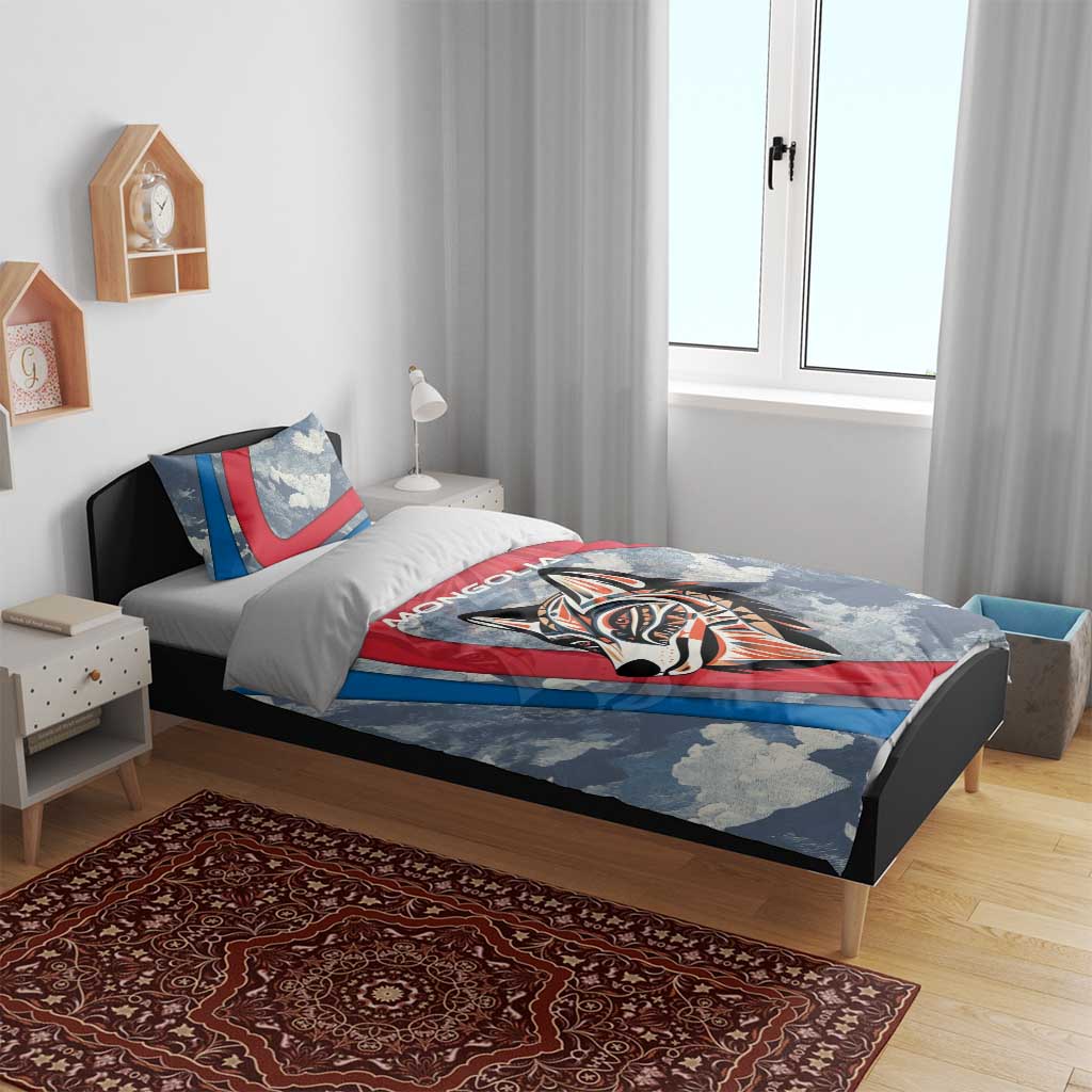 Mongolia Bedding Set with Tribal Wolf Clouds Red Blue Flag Spirit