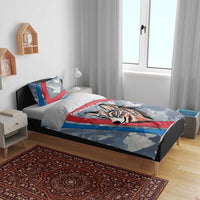 Mongolia Bedding Set with Tribal Wolf Clouds Red Blue Flag Spirit