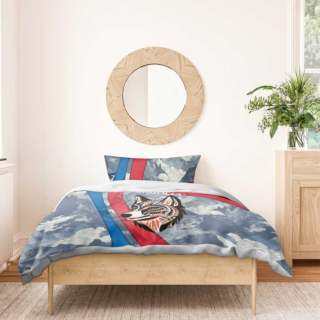Mongolia Bedding Set with Tribal Wolf Clouds Red Blue Flag Spirit