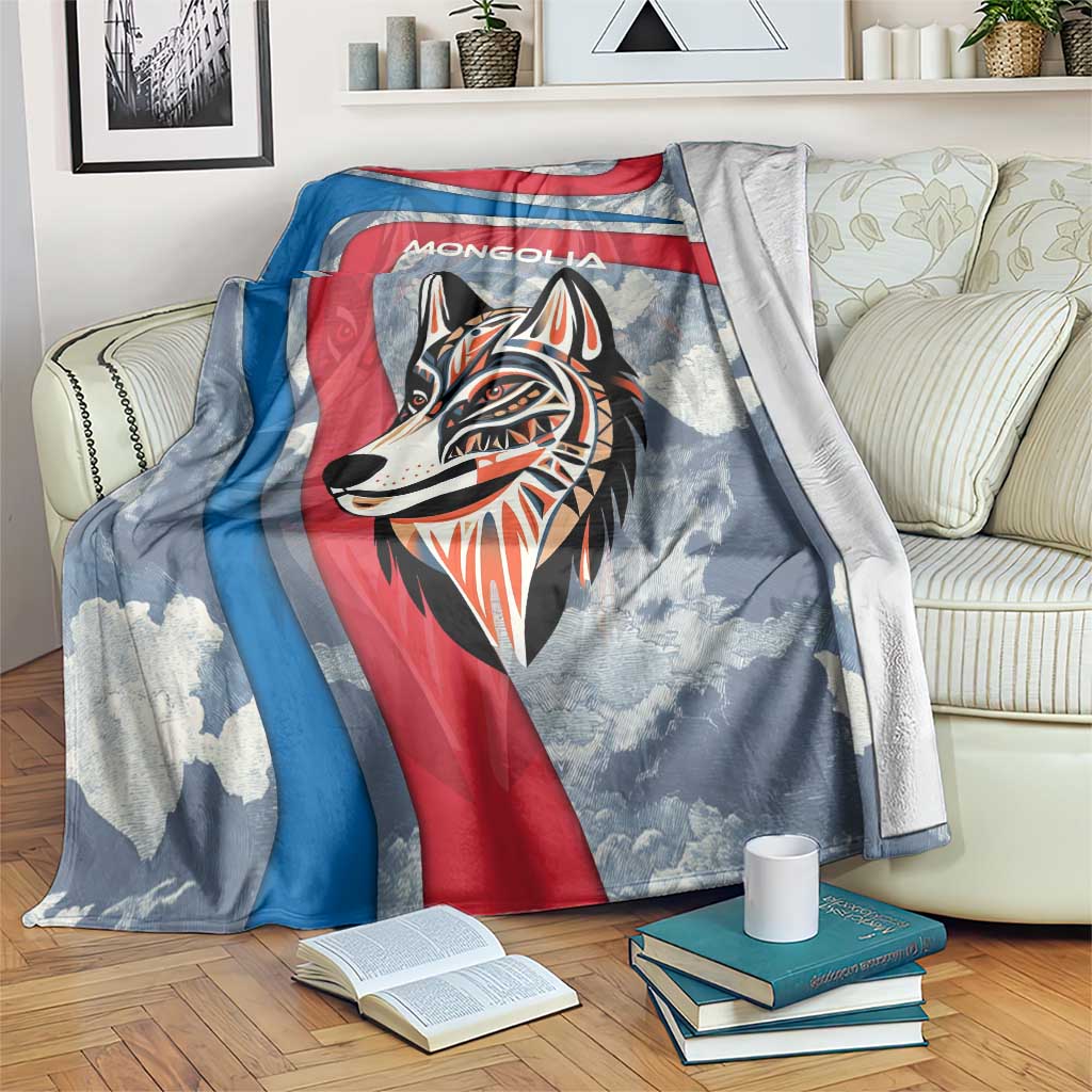 Mongolia Blanket with Tribal Wolf Clouds Red Blue Flag Spirit