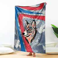 Mongolia Blanket with Tribal Wolf Clouds Red Blue Flag Spirit