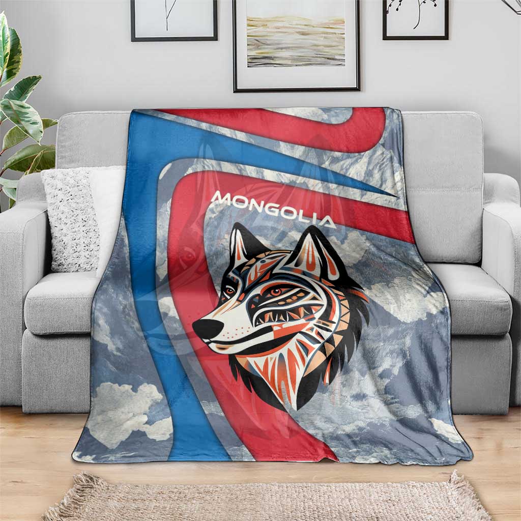Mongolia Blanket with Tribal Wolf Clouds Red Blue Flag Spirit