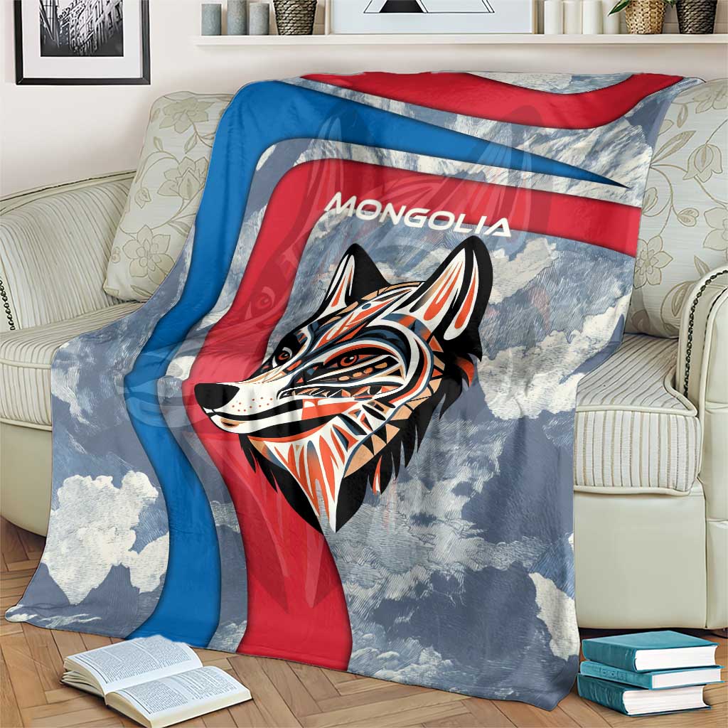 Mongolia Blanket with Tribal Wolf Clouds Red Blue Flag Spirit