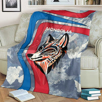 Mongolia Blanket with Tribal Wolf Clouds Red Blue Flag Spirit