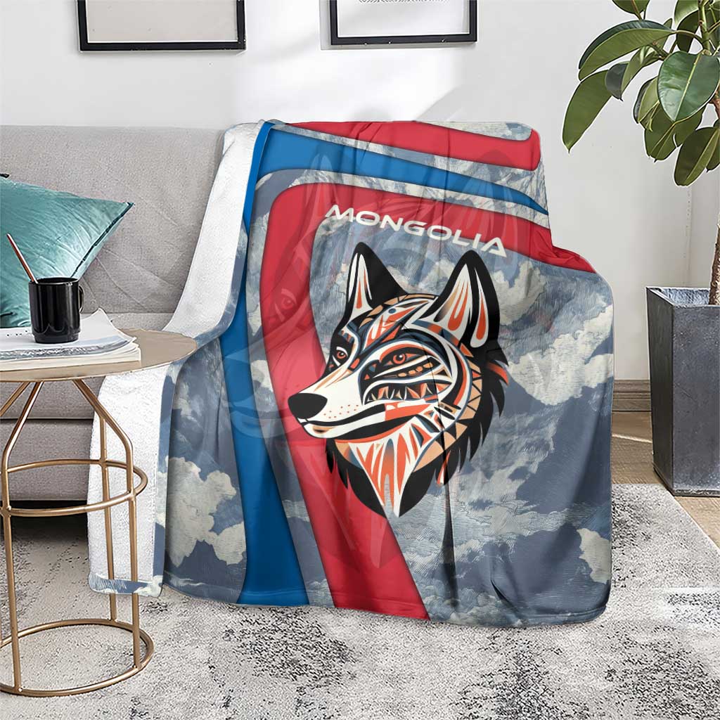 Mongolia Blanket with Tribal Wolf Clouds Red Blue Flag Spirit