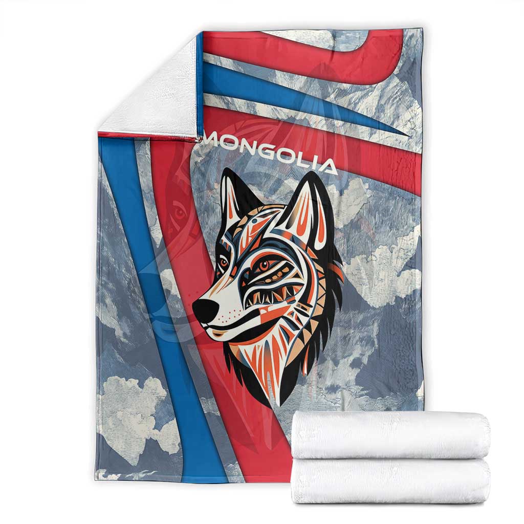 Mongolia Blanket with Tribal Wolf Clouds Red Blue Flag Spirit
