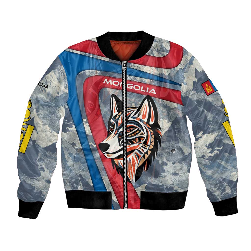 Mongolia Bomber Jacket with Tribal Wolf Clouds Red Blue Flag Spirit